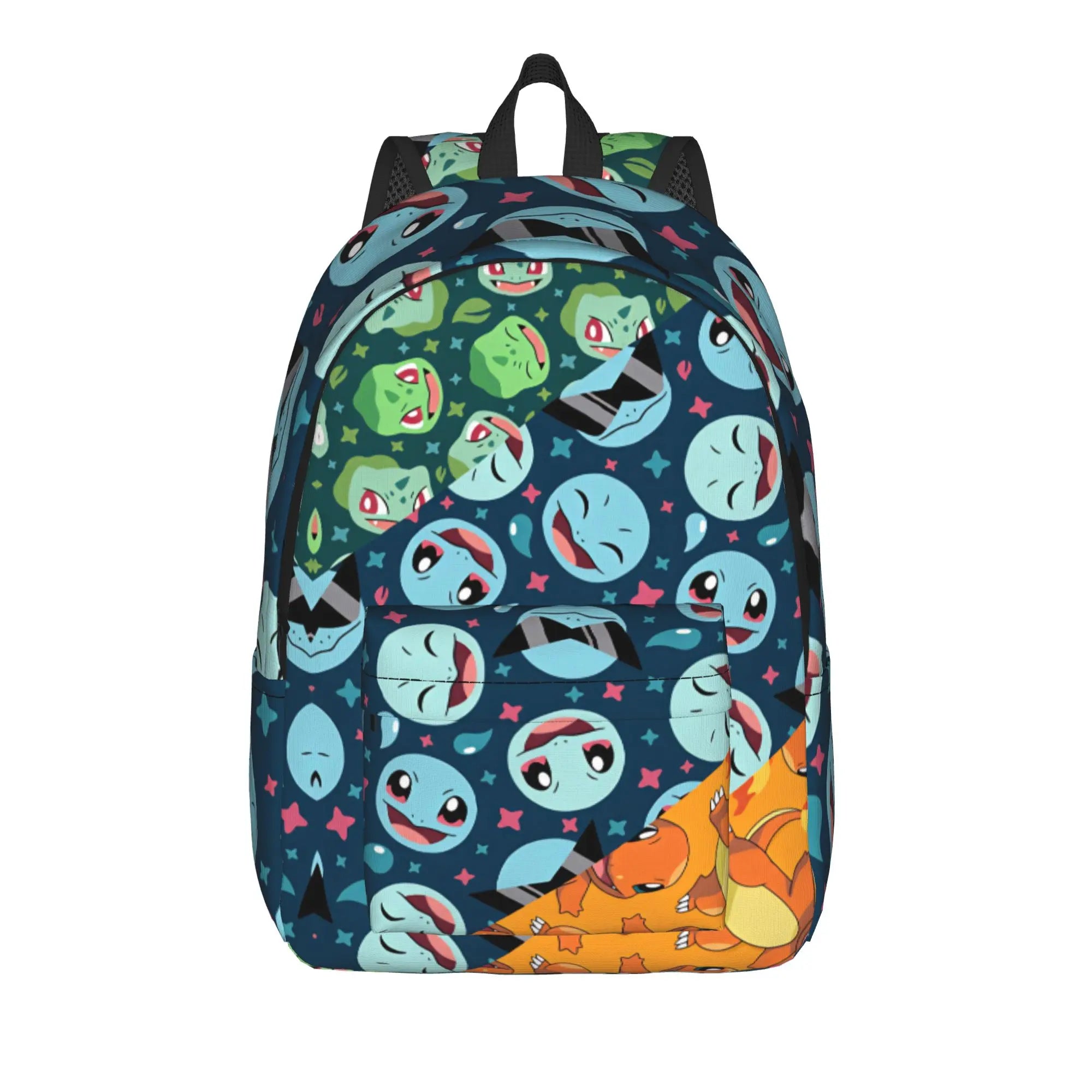 Pokemon Squirtle Backpack – Sport School Bag A backpack featuring a repeating cartoon face pattern in shades of blue, green, and orange on a dark navy background, shown against a plain white background.