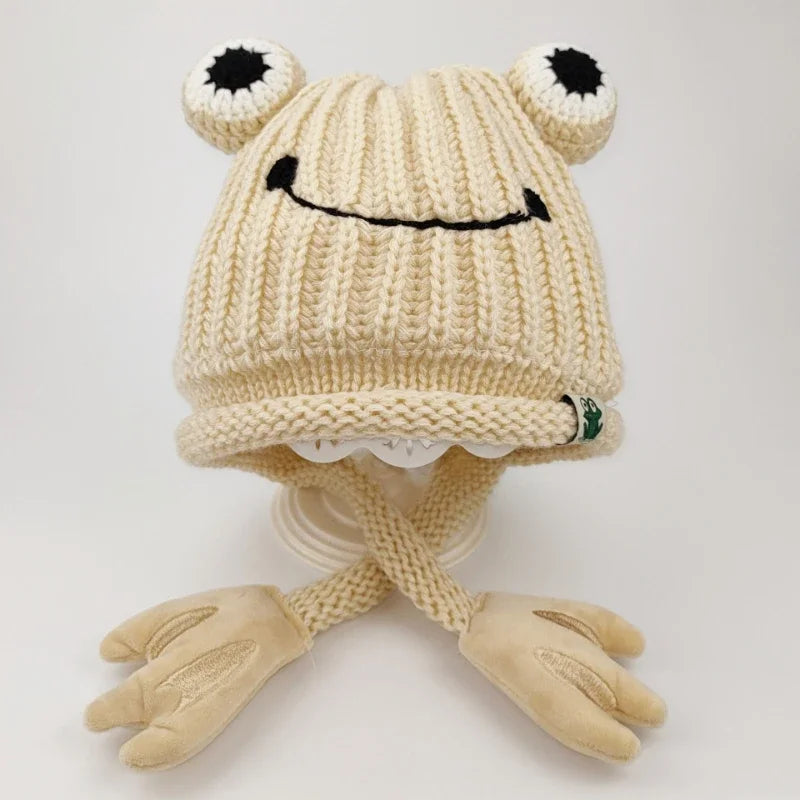 Parent-Child Cute Frog Knitted Hat – Warm Winter Cartoon Fisherman Cap Knitted frog hat with arms and legs on a white background