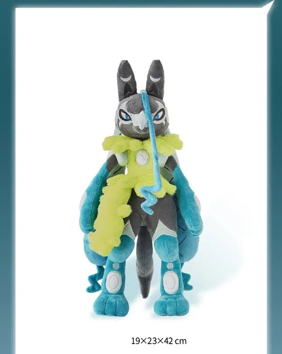 Pokemon Mega Plush Toy – Mega Lucario, Mega Greninja & Mega Starmie A plush toy figure of Lucilith with gray and black fur, blue arms and legs, and a bright yellow-green ruffled collar, shown against a white background