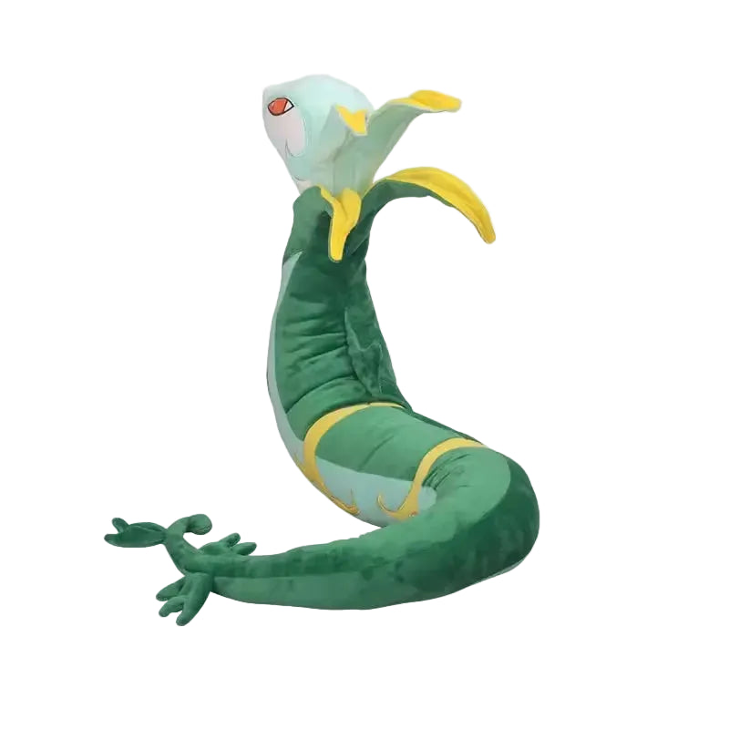 Pokemon Serperior Plush Toy – Soft Stuffed Animal Toy for Kids A green and yellow plush toy resembling a serpentine creature, shown on a plain light background with red Chinese characters on the right.
