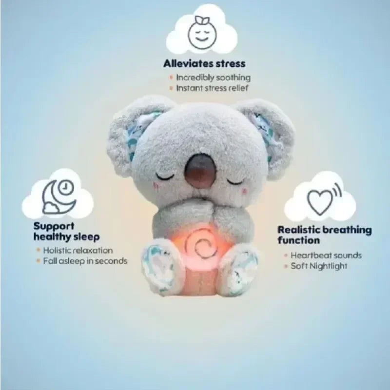 Baby Breathing Otter Plush with Light & Sound Plush toy with glowing center on a light blue background, featuring text about its benefits.
