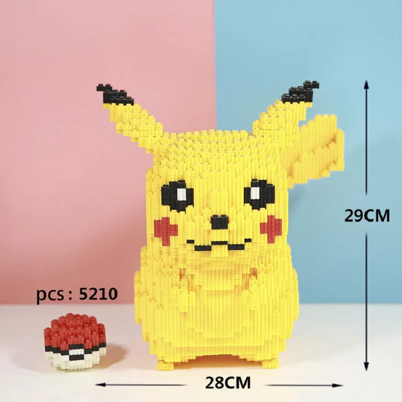 Pokemon Fire-Breathing Dragon Building Blocks – Model Brick Toy Large Pikachu figure made of building blocks with measurements on a pink and blue background