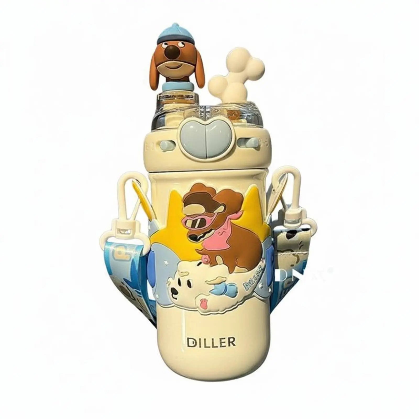Capybara Insulated Tumbler – Cute Cartoon Water Bottle A personalized kids' water bottle with a cartoon dog design, featuring a cream-colored body, blue and yellow graphics, a detachable shoulder strap, and character-shaped lid details.