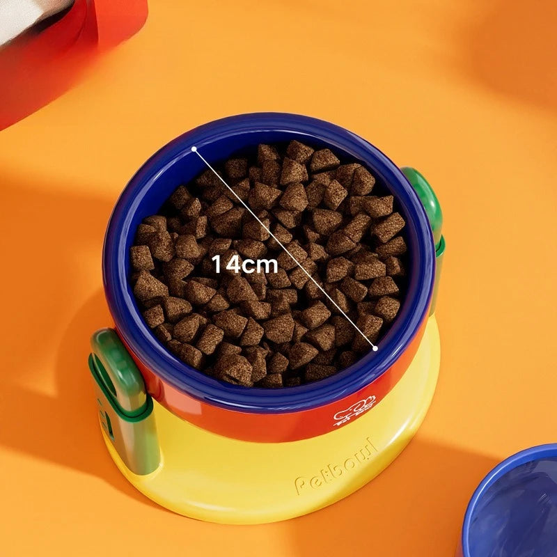 Adjustable Pet Bowl with Suction Cup Anti-Slip Colorful pet bowl with dog food and measurement label on an orange background