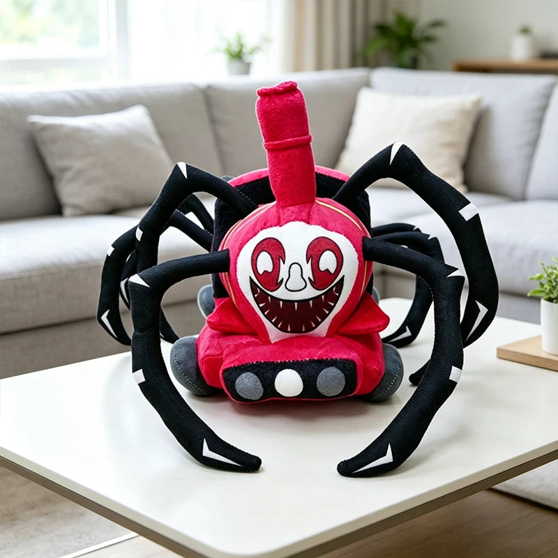 Horror Spider Plush Dolls – 2-Piece Creepy Halloween Set A red and black spider-themed plush toy with a wide grin sits on a white coffee table in a modern living room setting.