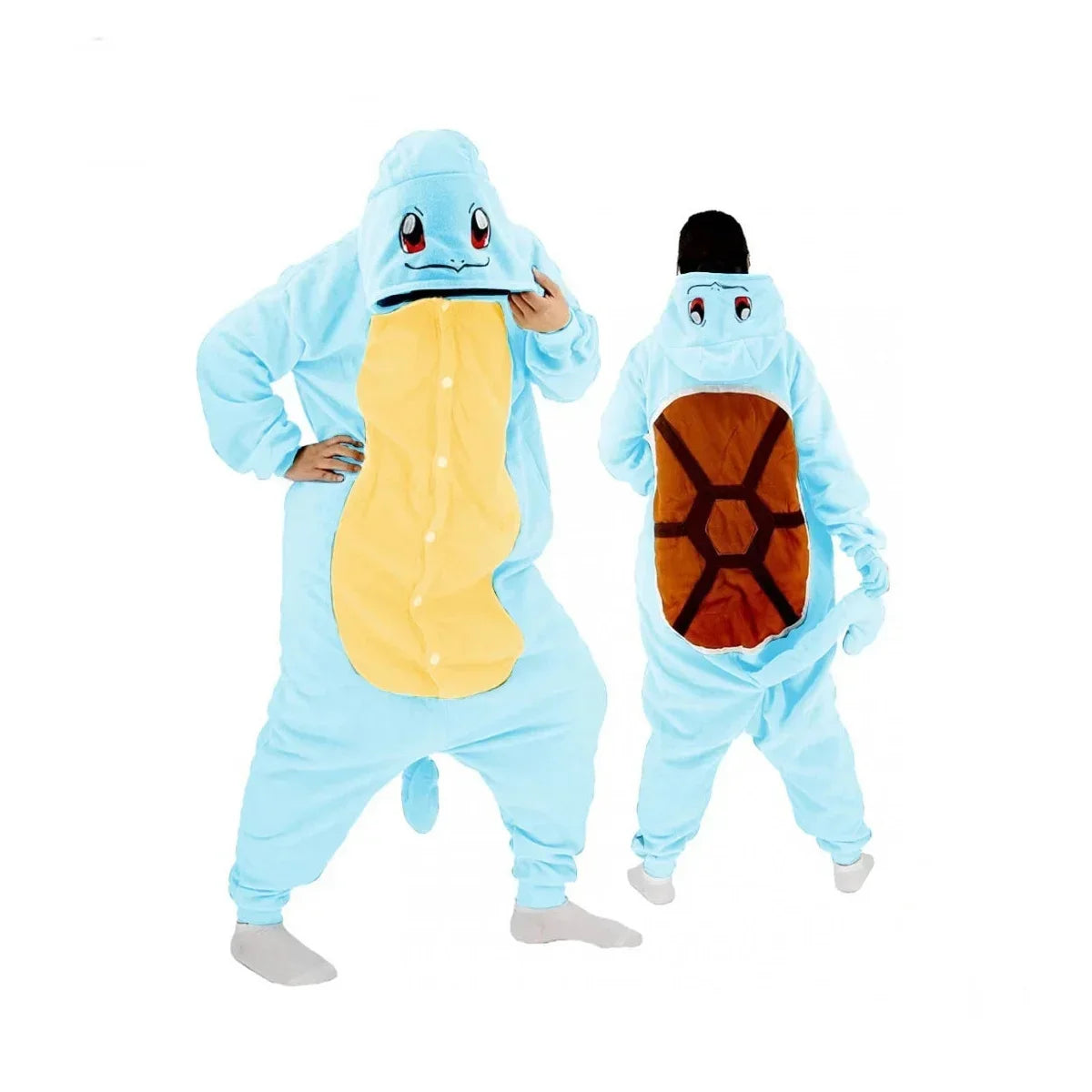 Pokemon Kigurumi Onesie – Snorlax, Gengar Anime Costumes Two blue cartoon character onesies, one with a yellow belly and the other with a brown shell, on a white background.