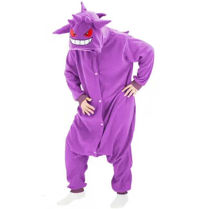 Pokemon Kigurumi Onesie – Snorlax, Gengar Anime Costumes Purple cartoon character onesie on a white background
