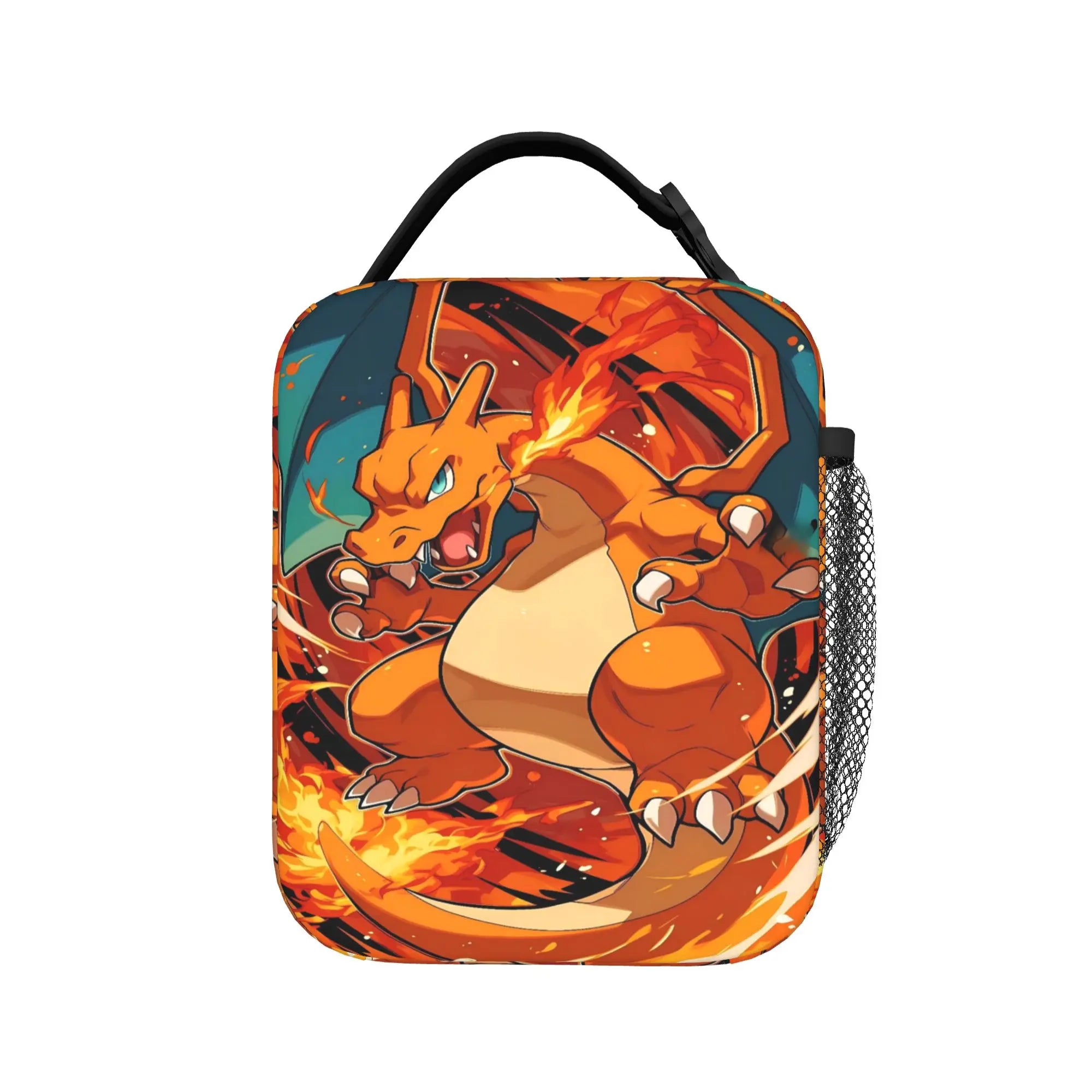 Pokemon Charizard Fire Burst Lunch Bag – Waterproof Insulated Tote A Charizard-themed lunch bag with a black handle and a side mesh pocket, featuring a vibrant graphic print of Charizard surrounded by flames on a plain white background.