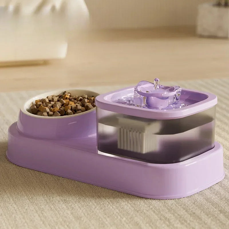 2 in 1 Cat Water Fountain Auto Filter USB Quiet Feeder Purple pet feeder and water fountain on a textured surface