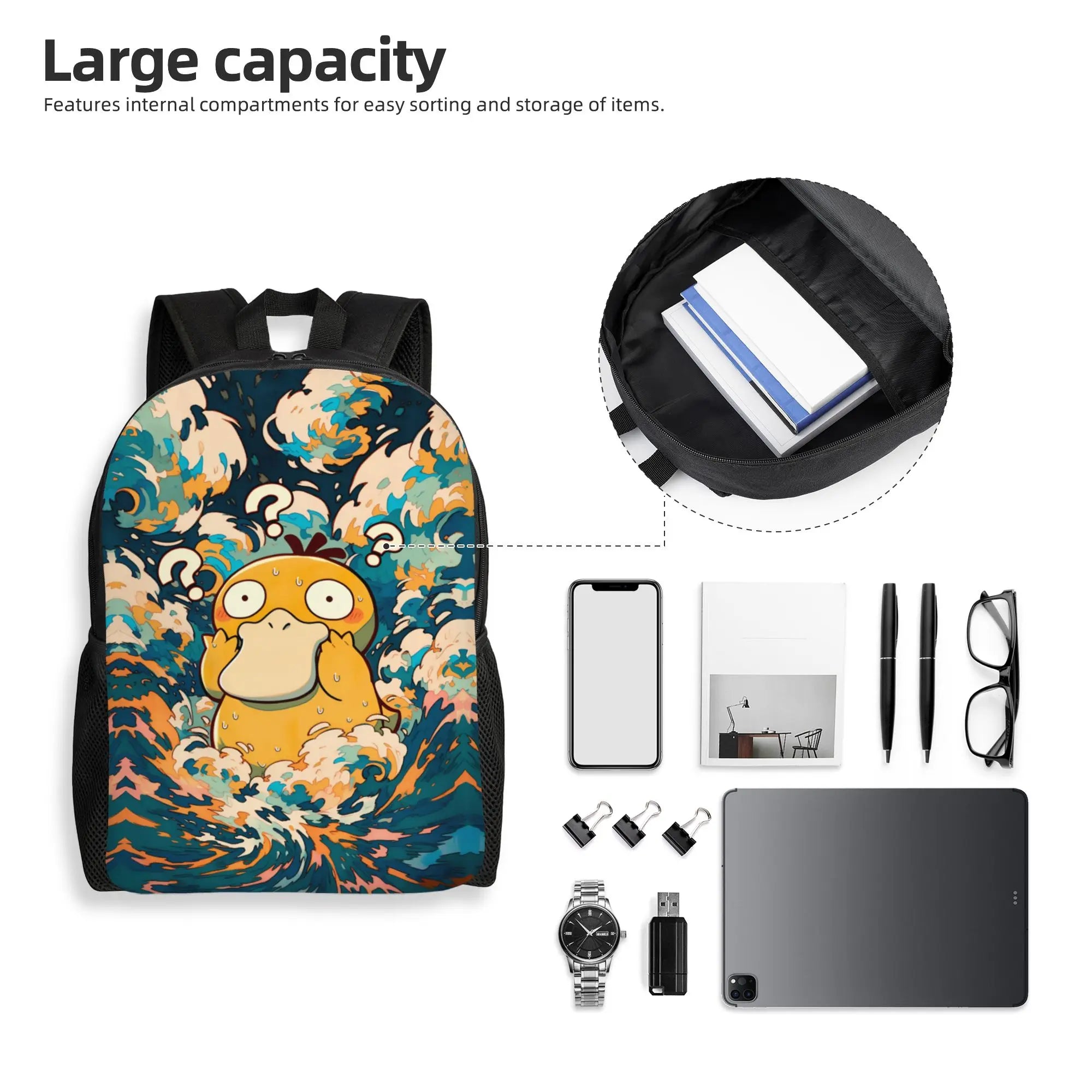 Pokemon Psyduck Laptop Backpack – School Bag A large capacity backpack with a colorful wave-style graphic featuring a yellow cartoon character, shown on a white background with text and accessories. The image includes a circular inset showing the inside of the backpack and a row of items like a phone, notebook, pens, glasses, watch, USB drives, and a tablet to demonstrate storage capacity.