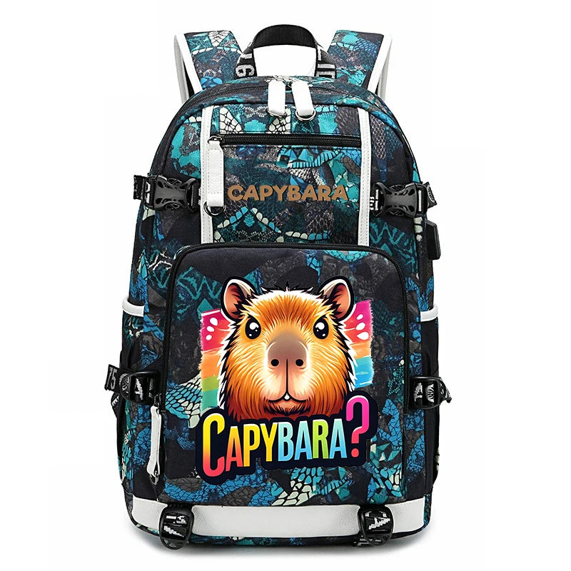 Capybara Backpack – Large Capacity Lightweight School Bag A backpack with a black and teal patterned design, featuring a large cartoon capybara face and the text 'CAPYBARA?' on the front pocket. The brand name 'CAPYBARA' is printed on the upper compartment.