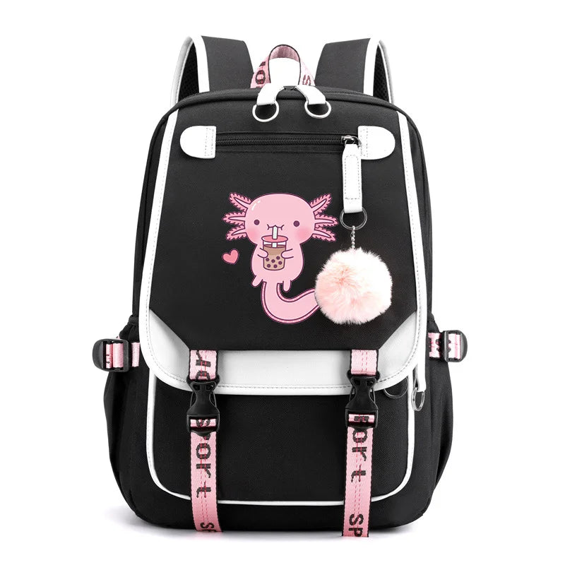 Axolotl Backpack – Anime Pattern USB School & Travel Bag Black backpack with pink accents and a cartoon character on a white background