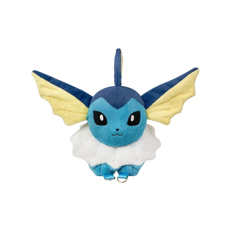 Pokemon Eevee Evolution Plush Crossbody Bag A plush toy of Eevee from Pokémon, featuring its signature blue and light blue color scheme with yellow wings and a white ruff collar, set against a plain white background.