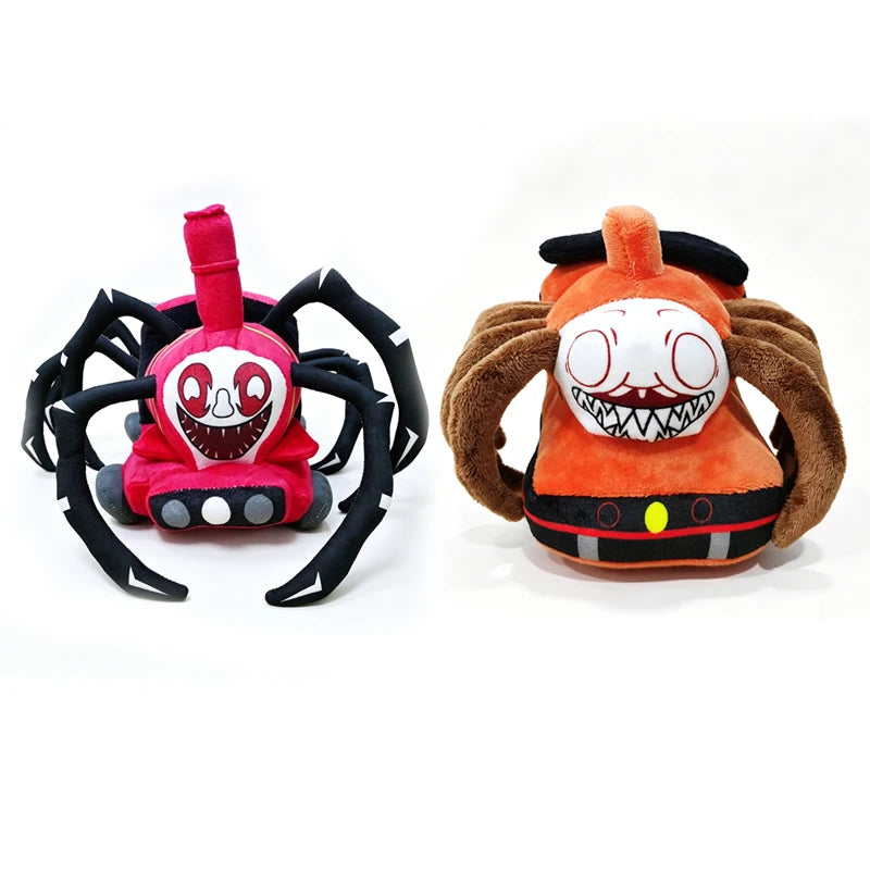 Horror Spider Plush Dolls – 2-Piece Creepy Halloween Set Two plush spider-shaped toys on a plain white background. The left toy is bright pink with black spider legs and a white face graphic.