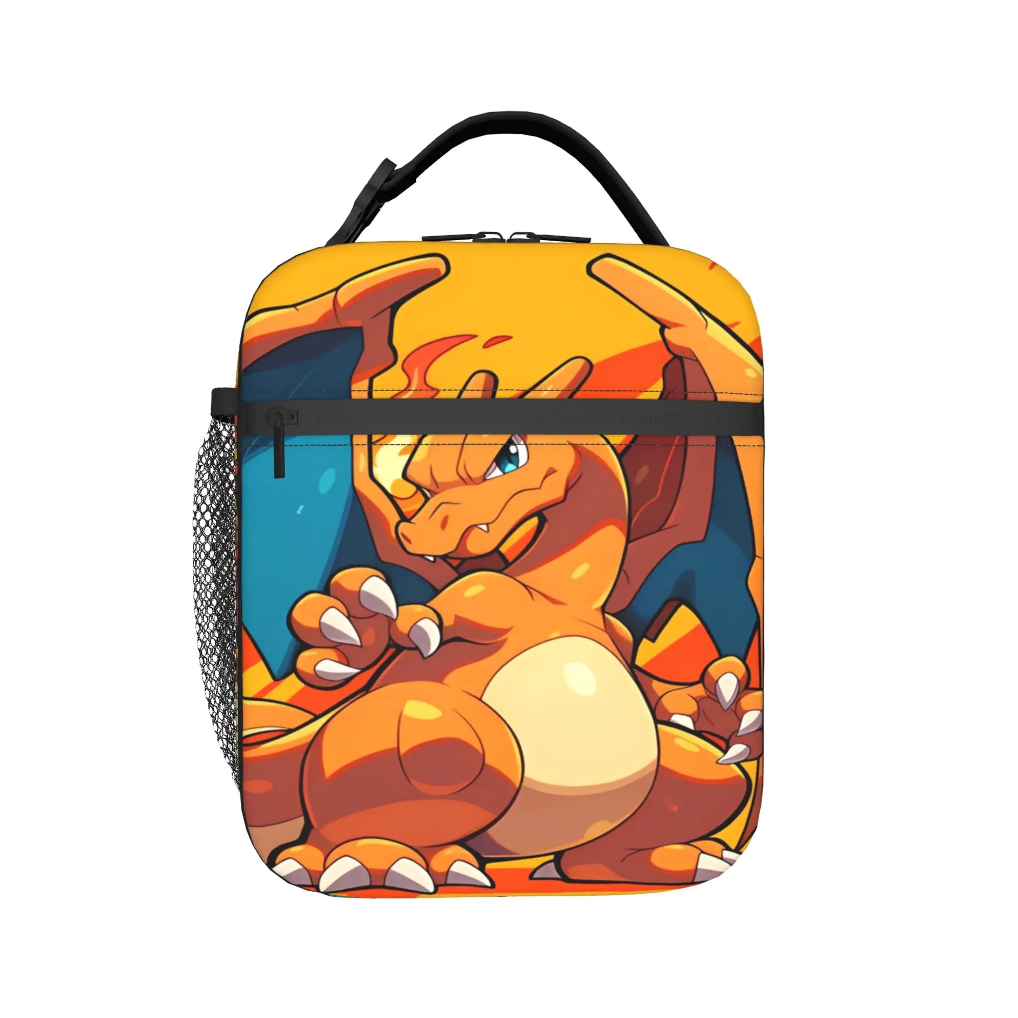 Pokemon Charizard Fire Burst Lunch Bag – Waterproof Insulated Tote A square insulated lunch bag featuring a colorful Charizard illustration on the front, with a black top handle, black zipper trim, and a side mesh pocket, shown on a plain white background.
