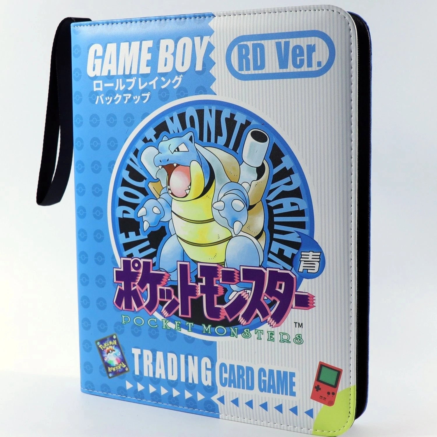 Pokemon Card Album – Gengar, Charizard & Eevee Trading Card Binder Trading card game case with Game Boy and Pokémon branding on a light blue background
