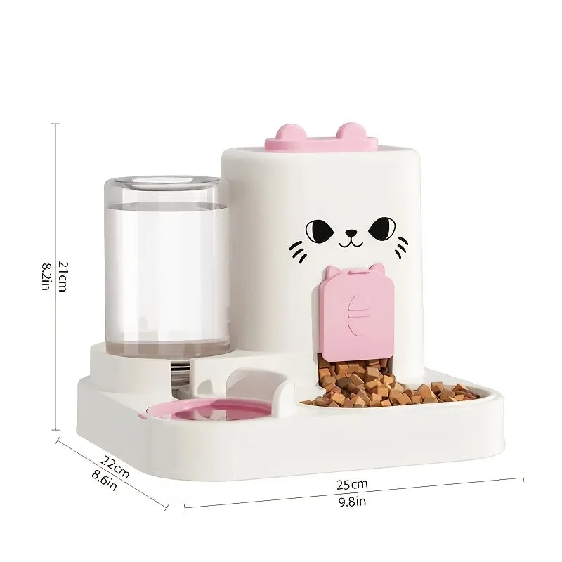 Automatic Pet Feeder with Water Dispenser Large Capacity Pet feeder with water dispenser and food bowl, featuring a cat design, on a white background.