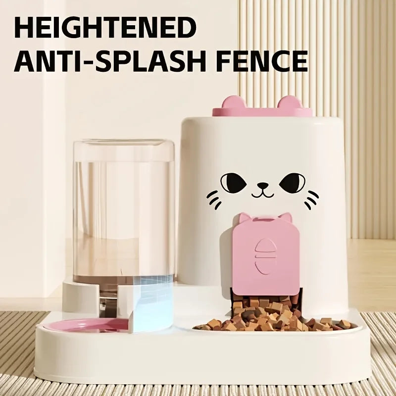 Automatic Pet Feeder with Water Dispenser Large Capacity Pet water fountain with a cartoon cat face design on a light background