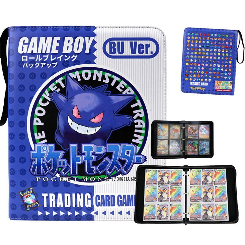 Pokemon Card Album – Gengar, Charizard & Eevee Trading Card Binder Pokémon Trading Card Game Pokémon Monster Trainer 16GB Game Boy U Version accessory set, including a blue and white Game Boy case with Gengar artwork, a blue card grid insert, and two open black trading card binders filled with cards.
