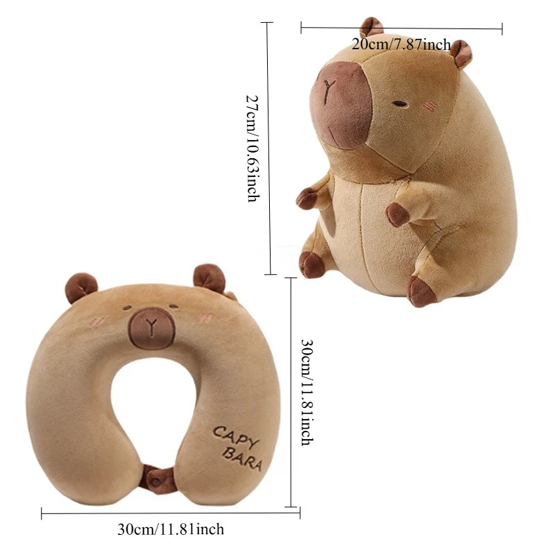 Capybara U-Shaped Plush Neck Pillow – Cute Travel Pillow Plush animal-shaped pillow with dimensions on a white background