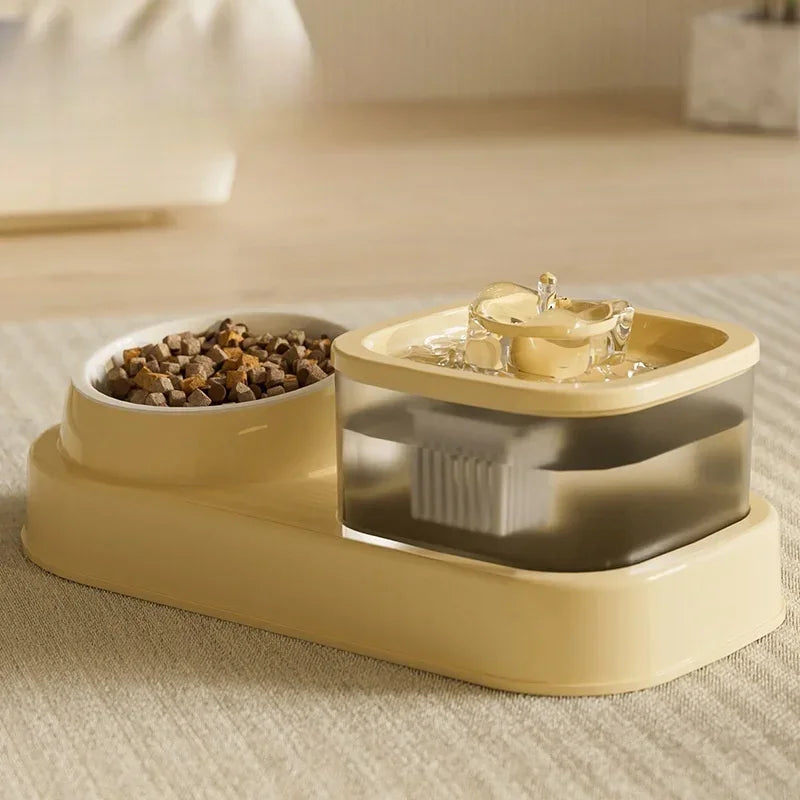 2 in 1 Cat Water Fountain Auto Filter USB Quiet Feeder Pet feeding and water station with bowls on a textured surface