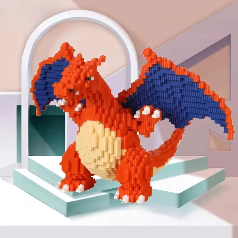 Pokemon Fire-Breathing Dragon Building Blocks – Model Brick Toy Brick-built Charizard figure on a display stand with a neutral background