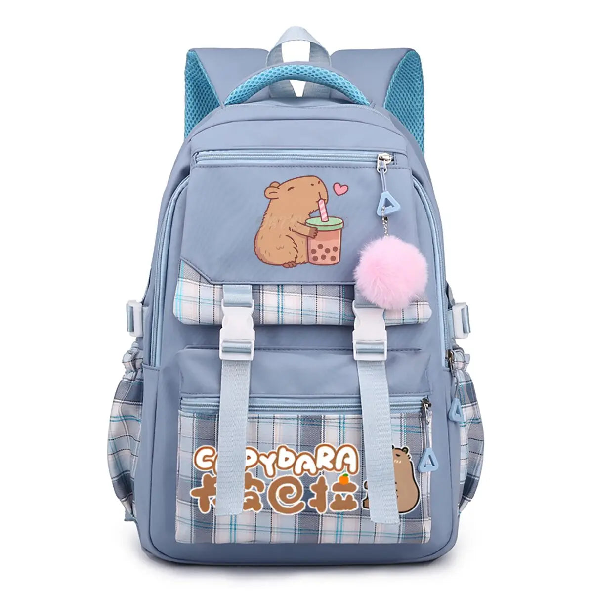 Capybara Bubble Tea Backpack – School Bag for Teens A lavender purple school backpack with a cartoon capybara holding a bubble tea cup on the front pocket, a pink fluffy charm, and a purple plaid pattern on the lower front panel with 'Capybara' text.