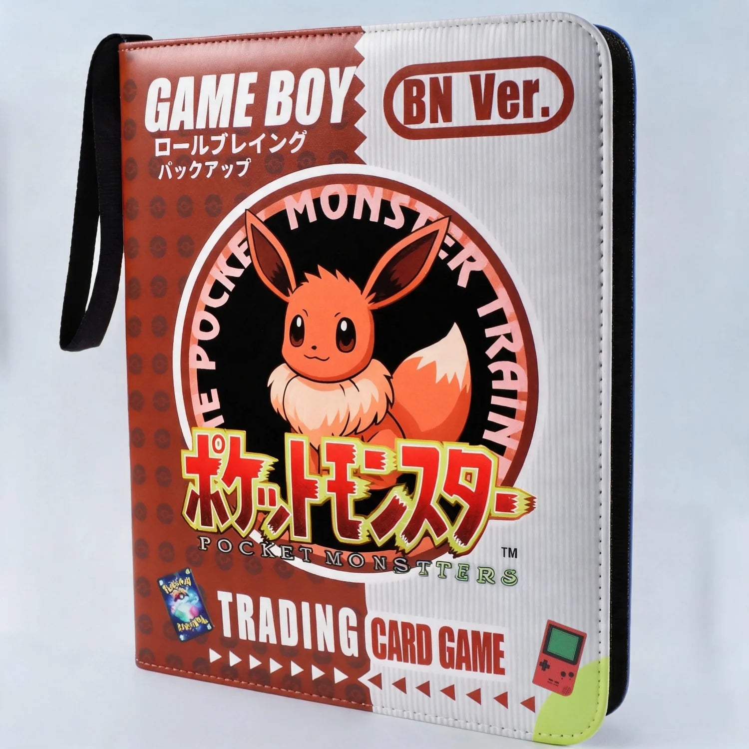 Pokemon Card Album – Gengar, Charizard & Eevee Trading Card Binder A Game Boy-themed trading card game back-up bag with BN Ver. Pokémon Monster Trading Card Game artwork, featuring Eevee on the front, a black wrist strap, and a white-to-brown gradient cover.