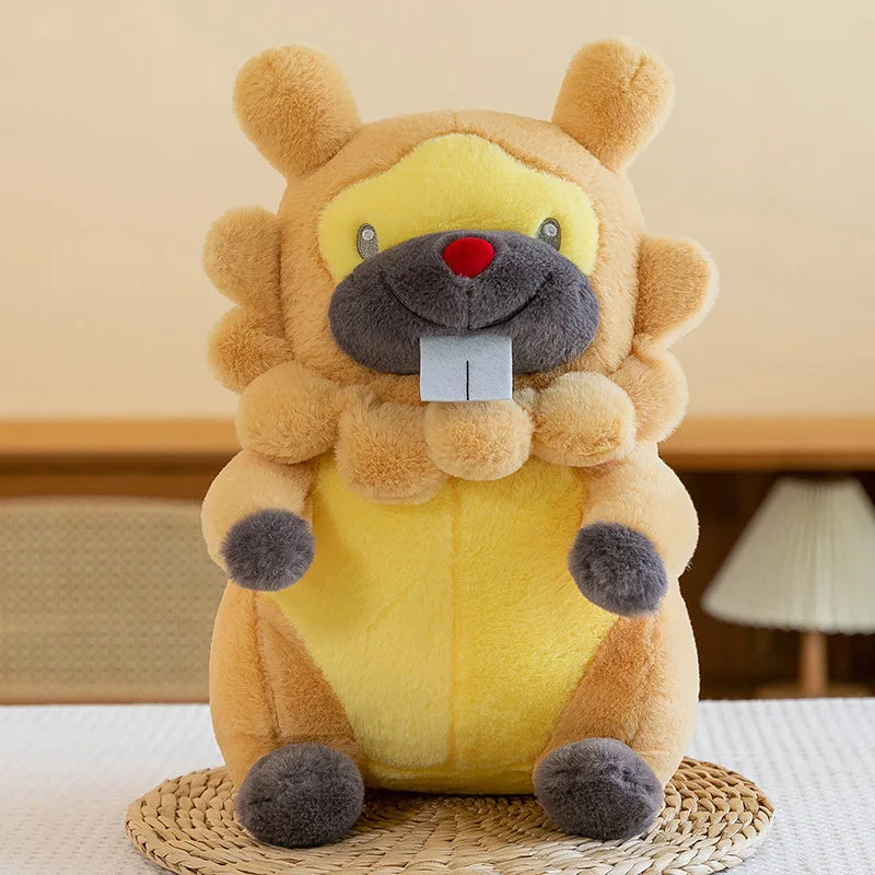 Pokemon Bidoof Plush Toy – Cute Sleeping Stuffed Animal Pillow Plush toy lion with a yellow belly and brown mane on a woven mat.