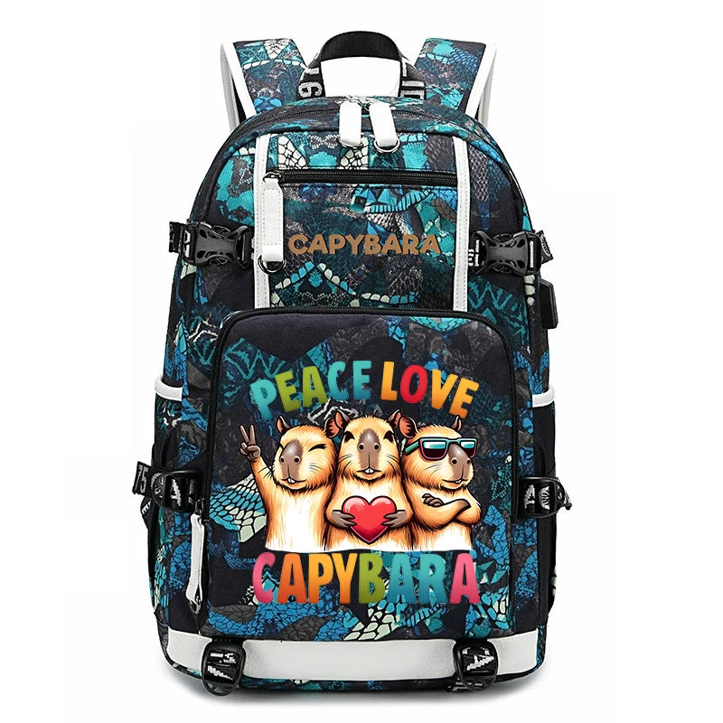 Capybara Backpack – Large Capacity Lightweight School Bag A CAPYBARA branded backpack with a black and teal patterned design, featuring a large front pocket with cartoon capybaras, a red heart, and the words 'PEACE LOVE CAPYBARA' in colorful letters.
