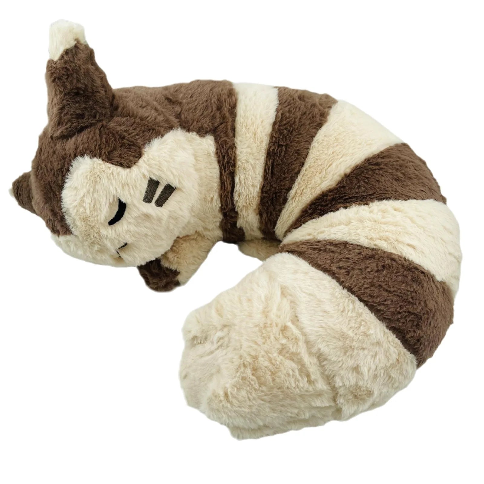 Pokemon Furret, Dratini & Snorlax Plush Neck Pillow A brown and cream striped plush cat toy curled up in a sleeping position, shown against a plain white background.