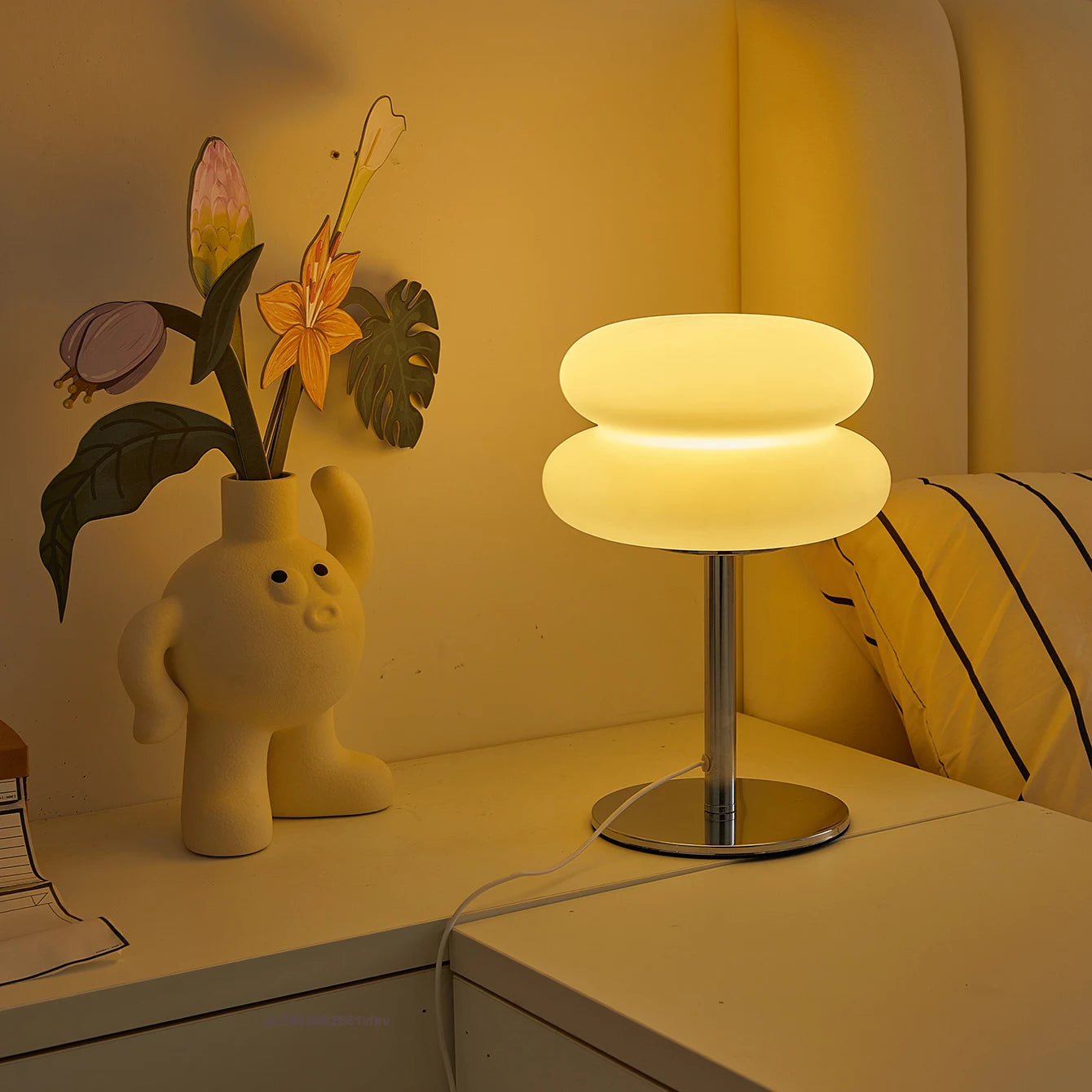 Orange Mushroom Bedside Table Lamp – USB Tri-Color Dimmable Light Table lamp on a desk with decorative items in a warm setting