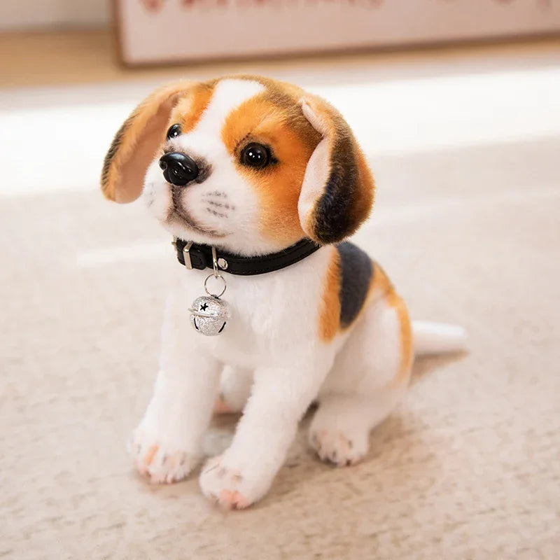 Realistic Dalmatian Beagle Plush Stuffed Toy Stuffed toy dog with a bell on a beige surface