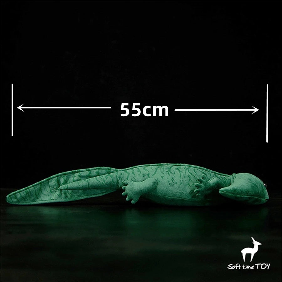 Realistic Axolotl Hammerhead Salamander Stuffed Toy - Diplocaulus Plushie Green soft toy with measurement label on a black background