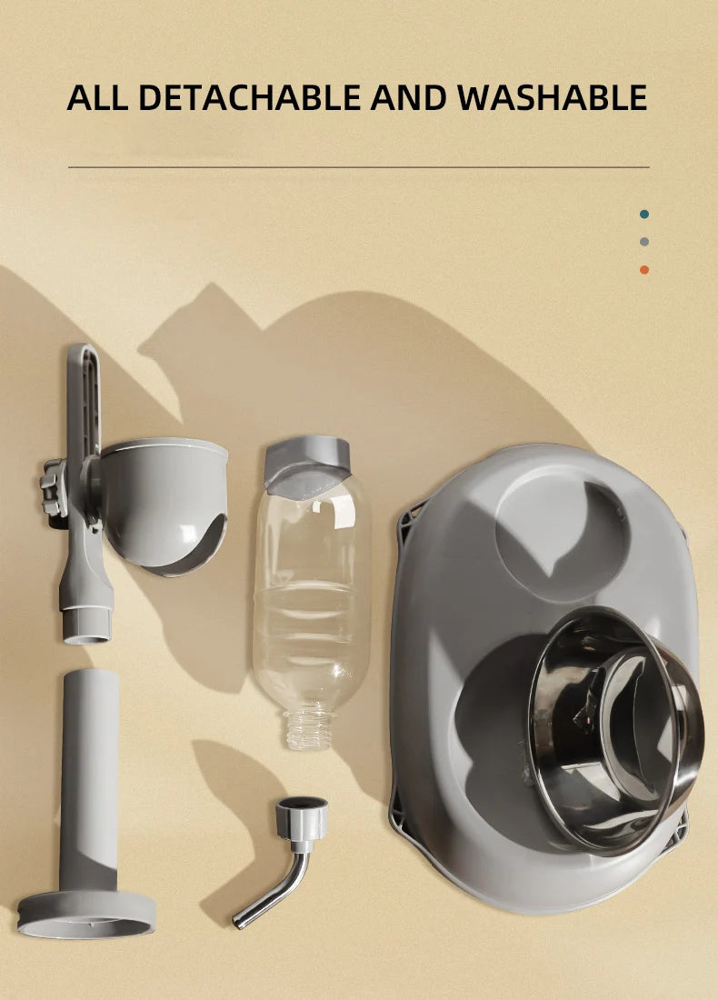 Automatic Pet Water Dispenser & Food Feeder Anti-Tip Set of detachable shower components on a beige background with text 'All Detachable and Washable'.
