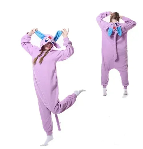 Pokemon Kigurumi Onesie – Snorlax, Gengar Anime Costumes Person wearing a purple onesie with bunny ears and tail on a white background