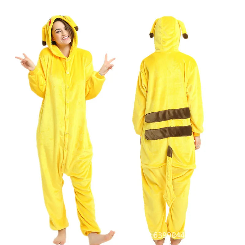 Pokemon Kigurumi Onesie – Snorlax, Gengar Anime Costumes Yellow onesie with brown belt worn by a person on a white background