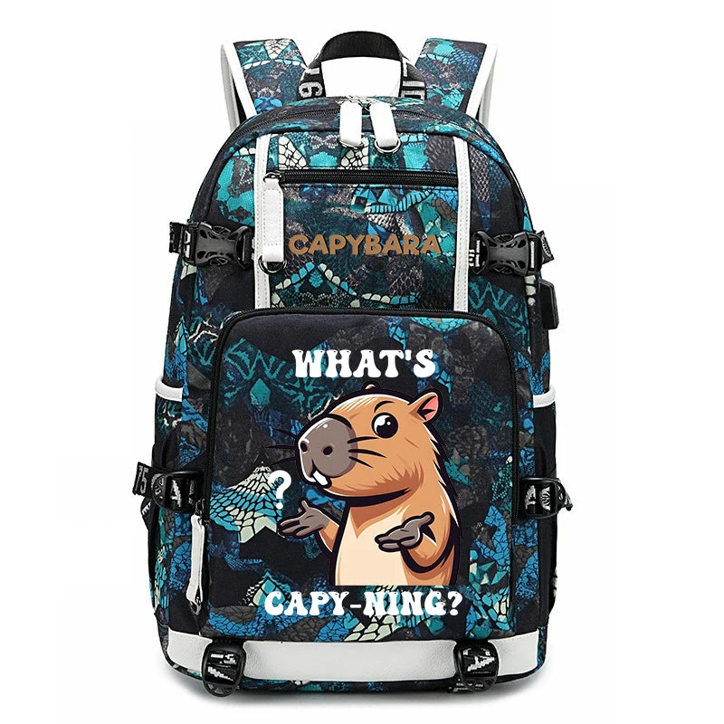 Capybara Backpack – Large Capacity Lightweight School Bag A backpack with a black and teal patterned design, featuring a cartoon capybara holding a fish on the front pocket with the text 'WHAT'S CAPY-NING?'. The brand name 'Capybara' is printed on the upper compartment.