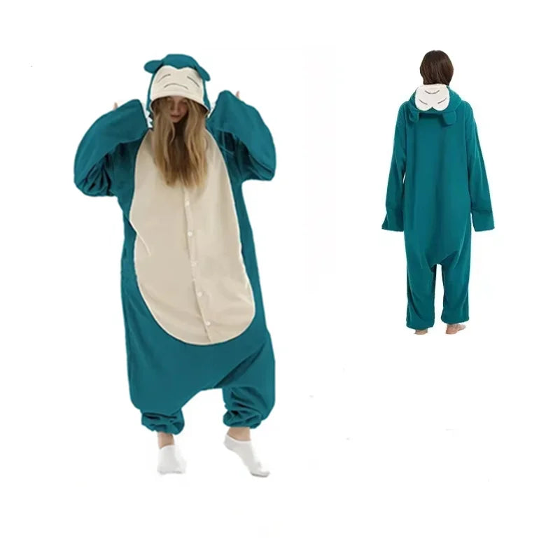 Pokemon Kigurumi Onesie – Snorlax, Gengar Anime Costumes Person wearing a teal and white onesie with a hood on a white background