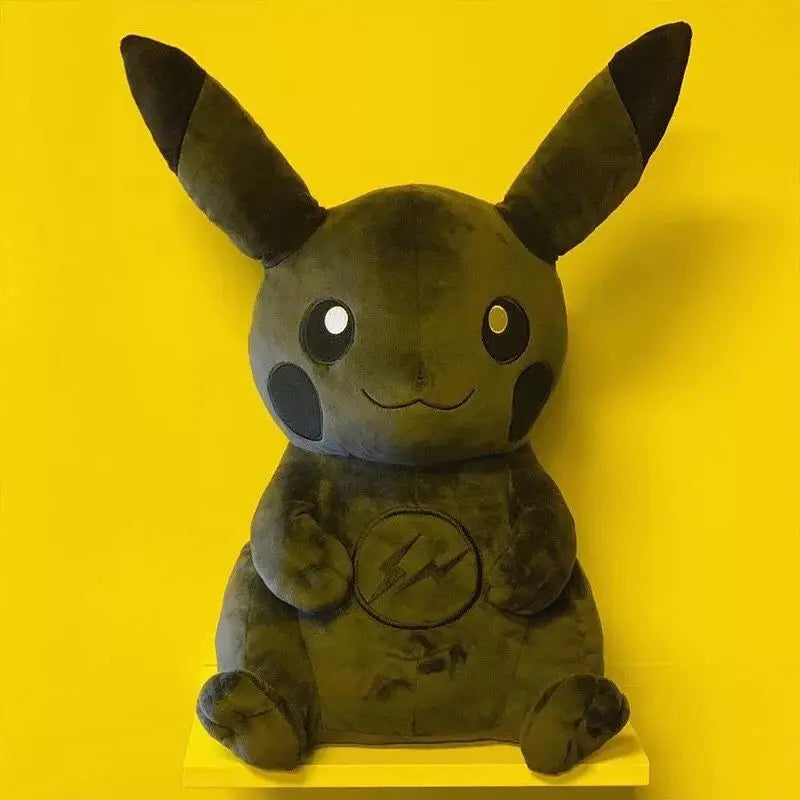 Dark Pikachu Plush Pillow Black Kawaii Doll Plush toy resembling Pikachu on a yellow background