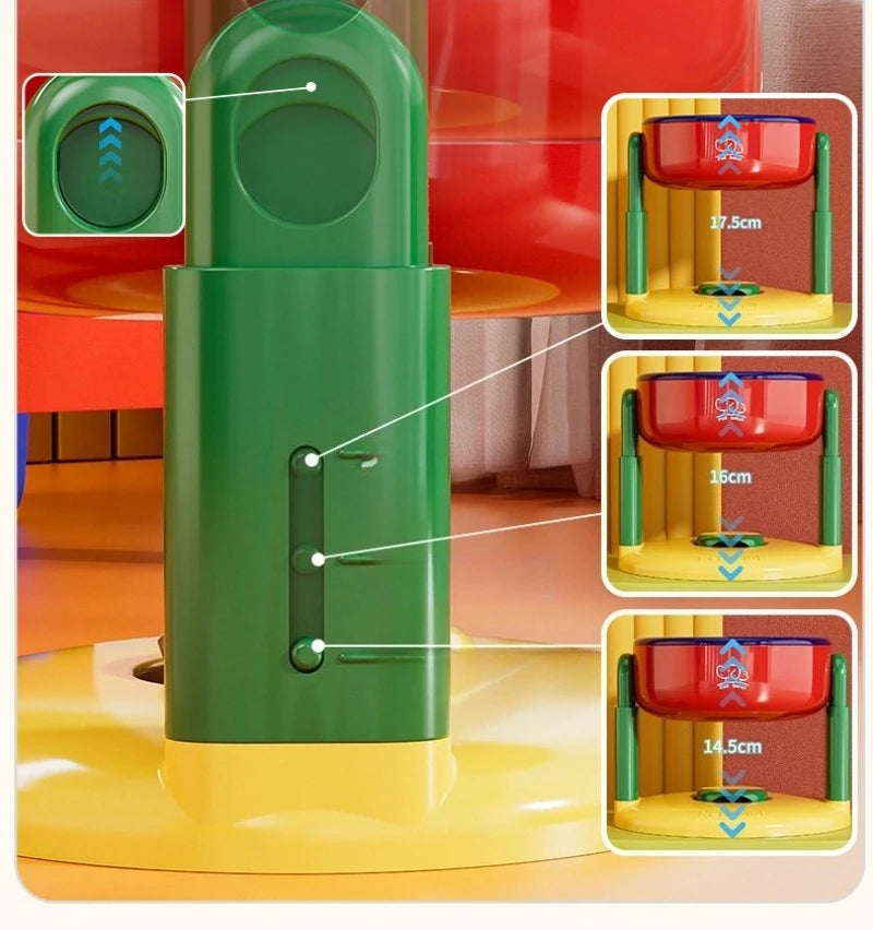 Adjustable Pet Bowl with Suction Cup Anti-Slip Green plastic structure with red and blue containers, labeled measurements, on a colorful background.