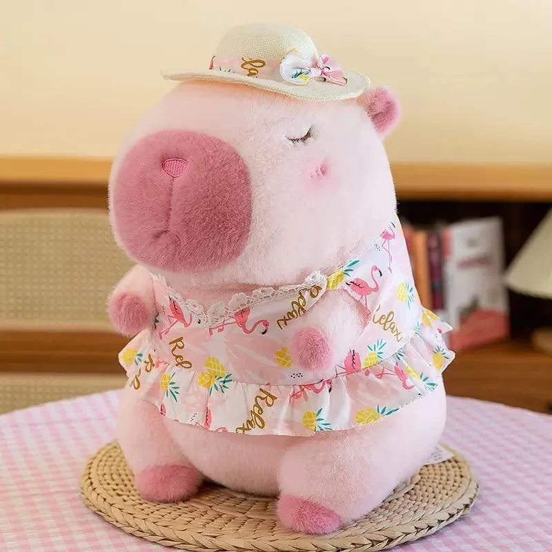 Green Banana Capybara Plush Toy – Cute Kawaii Stuffed Animal Plush toy hippo wearing a floral dress and hat on a checkered surface