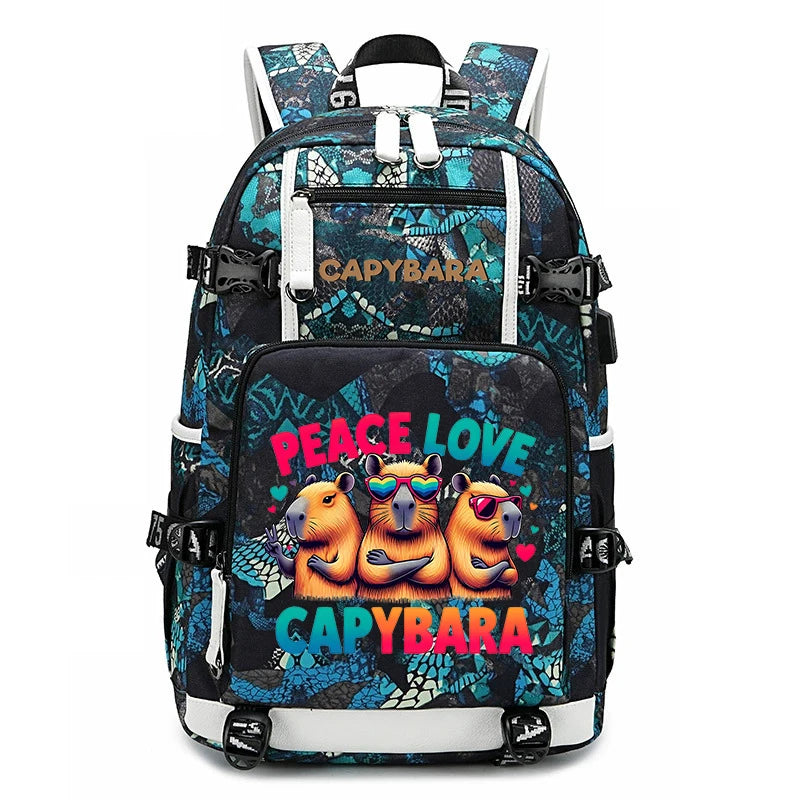 Capybara Backpack – Large Capacity Lightweight School Bag A backpack with a black and teal patterned design, featuring three cartoon capybaras with sunglasses and the words 'PEACE LOVE CAPYBARA' on the front pocket.