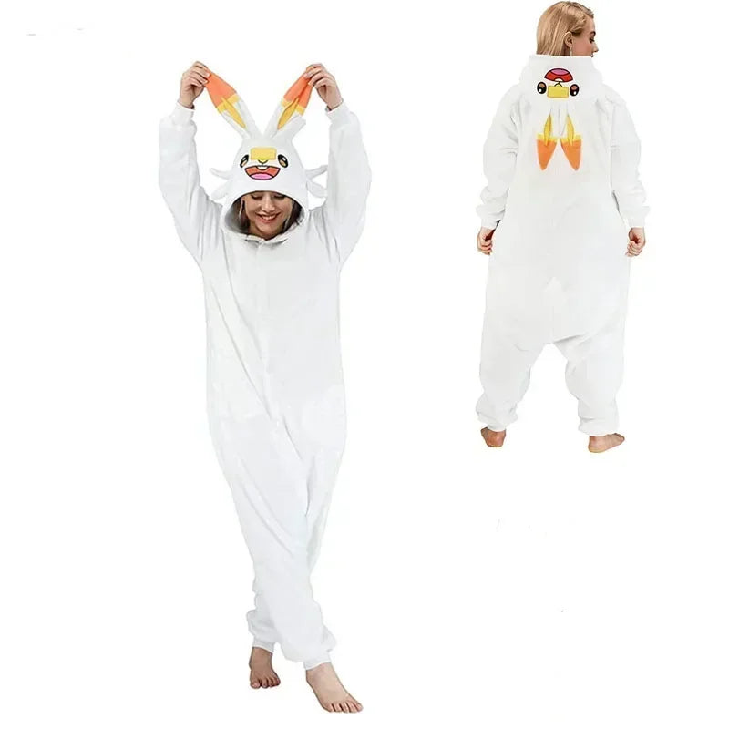 Pokemon Kigurumi Onesie – Snorlax, Gengar Anime Costumes Two people wearing white onesies with cartoon character designs on a white background