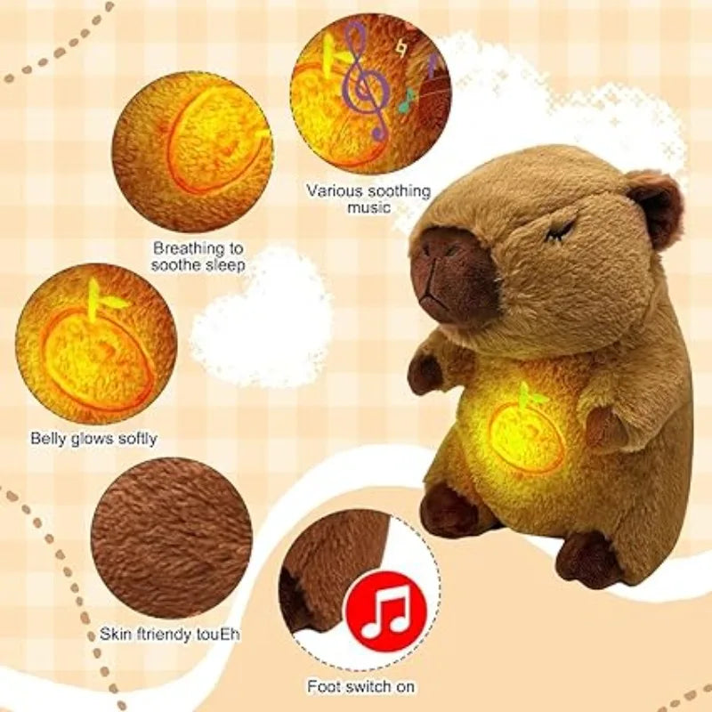 Breathing Capybara Plush Toy with Light & Sound Plush toy with glowing belly and music features on a beige background