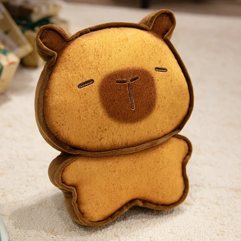 Capybara Bread Pillow – Cute Toast Plush Cushion Brown bear-shaped cushion on a textured surface