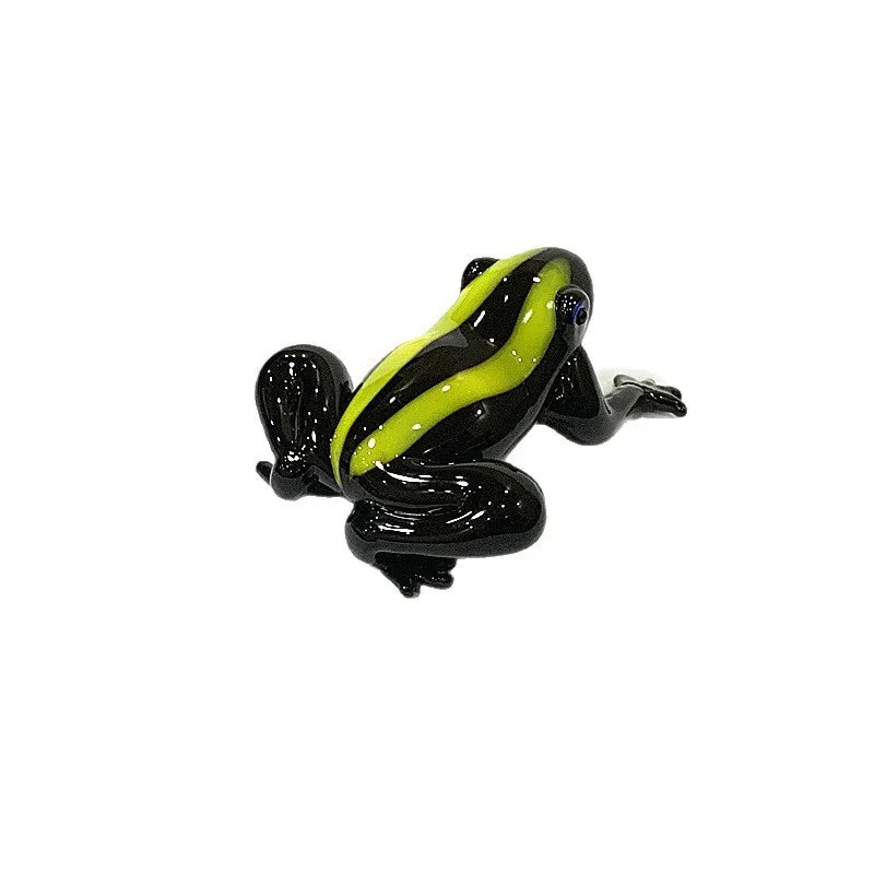Murano Glass Frog Figurine – Cute Animal Tabletop Home Décor Gift Glass frog figurine with black and yellow colors on a white background