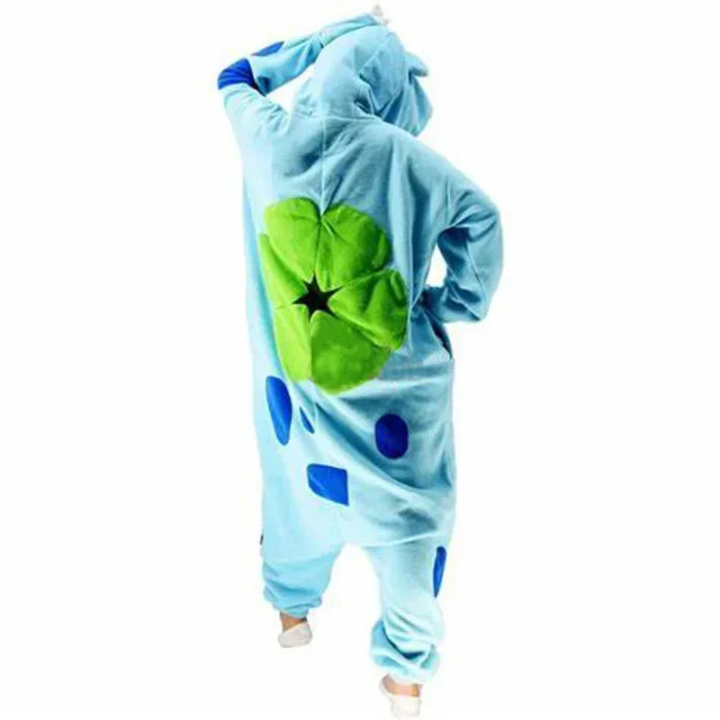 Pokemon Kigurumi Onesie – Snorlax, Gengar Anime Costumes Light blue onesie with green leaf design on a white background
