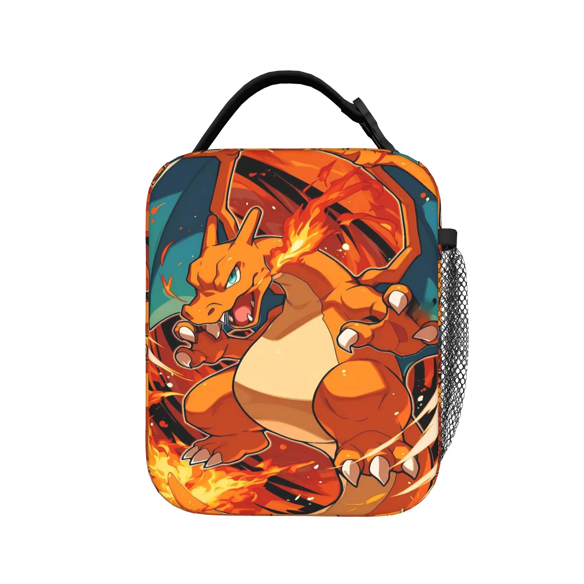 Pokemon Charizard Fire Burst Lunch Bag – Waterproof Insulated Tote A square lunch bag featuring a detailed graphic print of Charizard from Pokémon, with a black top handle and a side mesh pocket, shown against a plain white background.