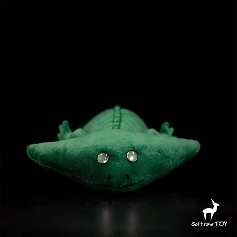 Realistic Axolotl Hammerhead Salamander Stuffed Toy - Diplocaulus Plushie Green plush toy with a black background